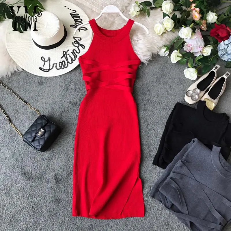 Красный YornMona Korean Style Women Bandage Bodycon Dress Summer Split Knitted Party Dresses Elegant Halter Ladies Long Maxi Dres - Цвет: Красный