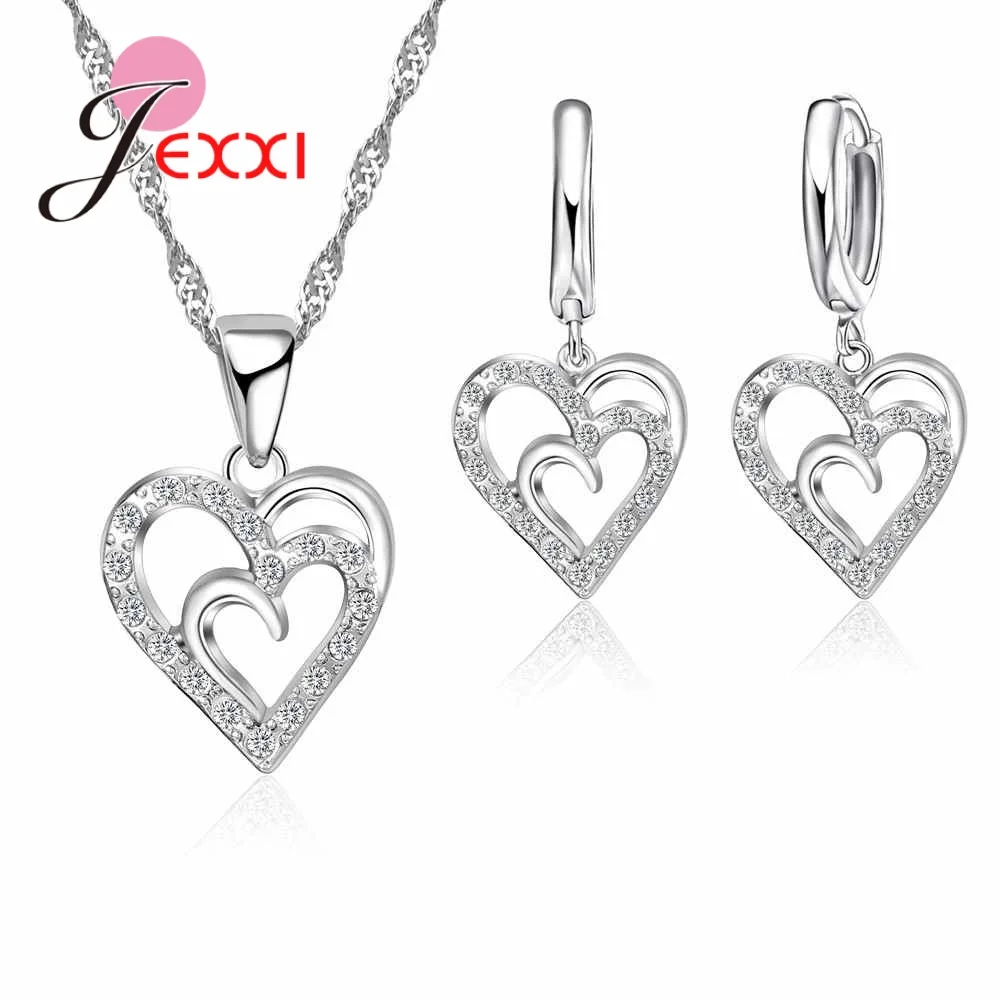 

New Styles Heart Clear Stone Jewelry Set Vintage 925 Sterling Silver Necklace Sets Pendant Earring For Women Jewelry for Gift