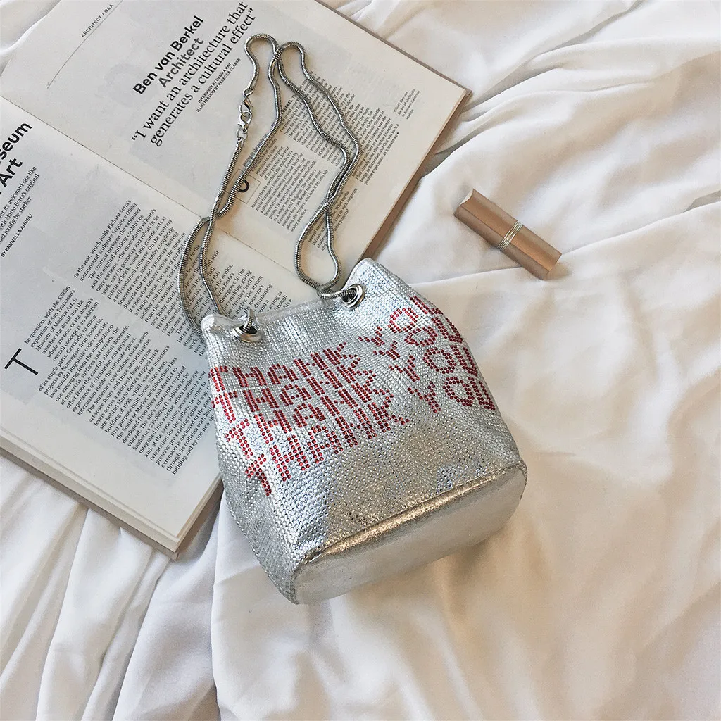 Fashion Casual Summer Women's Multicolor Bright Diamond Package Chain Letter Bucket Bag Small Square Beach Simple Bag