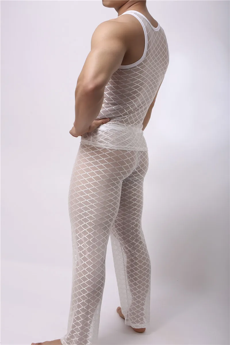 Men Fishnet Long Johns Scale High Elastic Body Shaper Tight Top Pants Fitness Bodybuilding Base layers Clothing set Long Johns