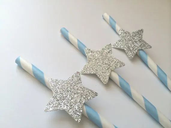 

2019 light blue Straws with silver Glitter Stars Wedding bridal shower Bachelorette party Decoration Drinks tea party straw