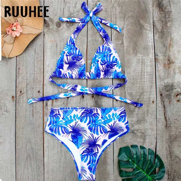 B3659BF RUUHEE, Купальник бикини в горошек, женский купальник, высокая талия, бикини, набор, пуш-ап, Холтер, купальник, женская пляжная одежда, купальник - Цвет: B3659BF