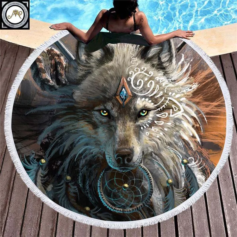 Круглое пляжное полотенце Wolf Warrior от SunimaArt из микрофибры с принтом волка и