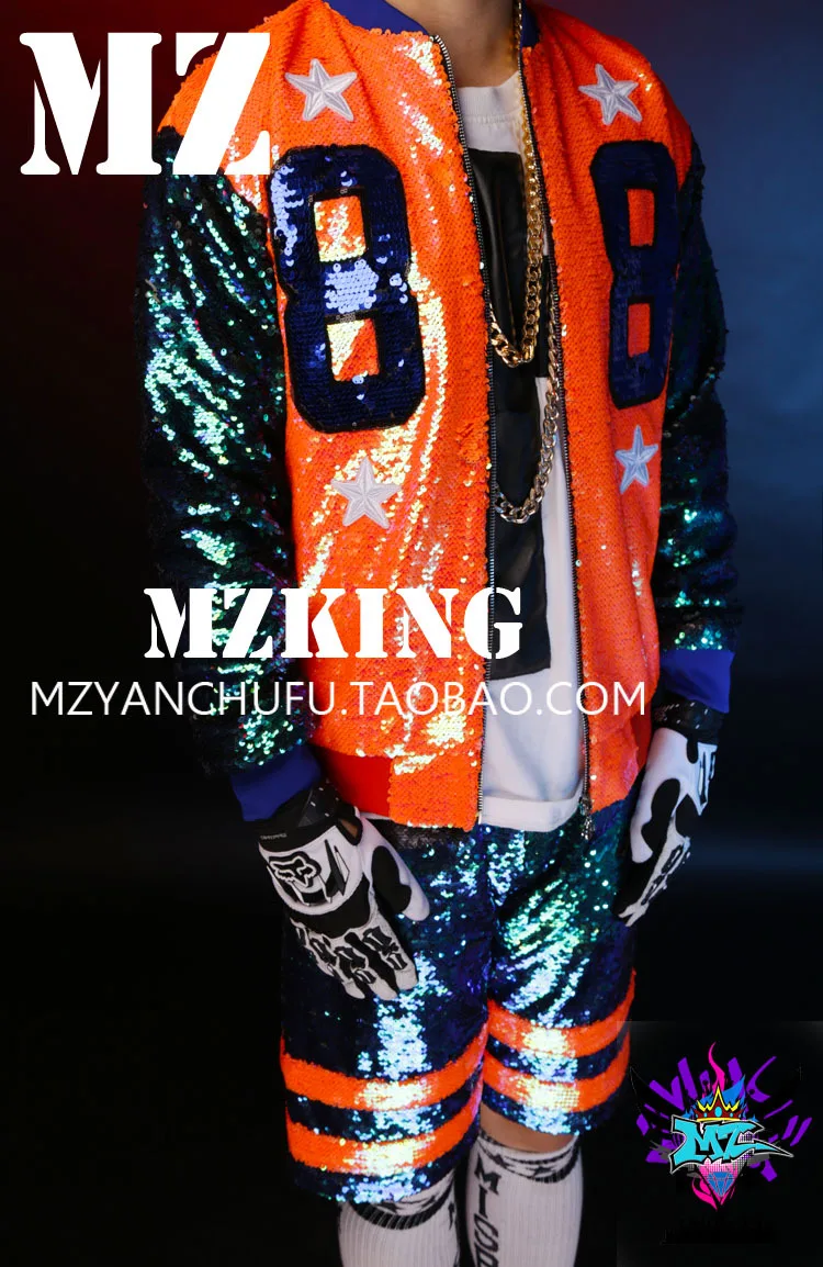 

Men Singers GD Bigbang Dazzle Colour Orange Green Sequins Splicing NO.88 Hip-hop Baseball Costumes DS Paillette Dress ! S-5XL