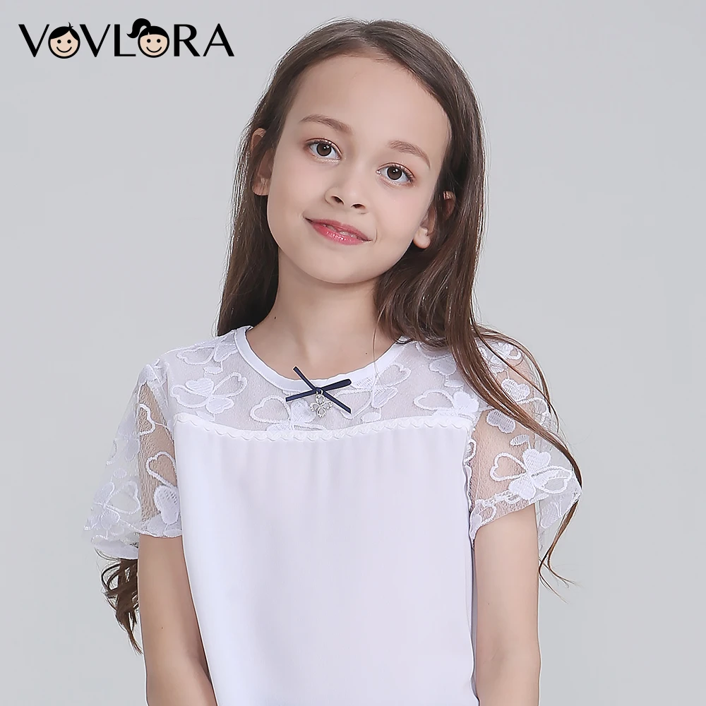 Vovlora Школьная блузка для девочек белый цвет короткие рукава шифон круглый вырез