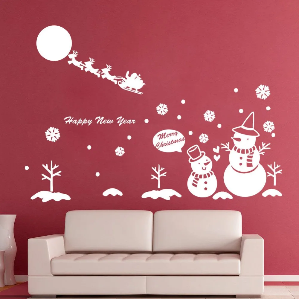 

Santa Claus With Snowflakes Pretty Wall Mural Merry Christmas Cute Snowman Silhouette Vinyl Wall Stickers Holiday Decor Q-7