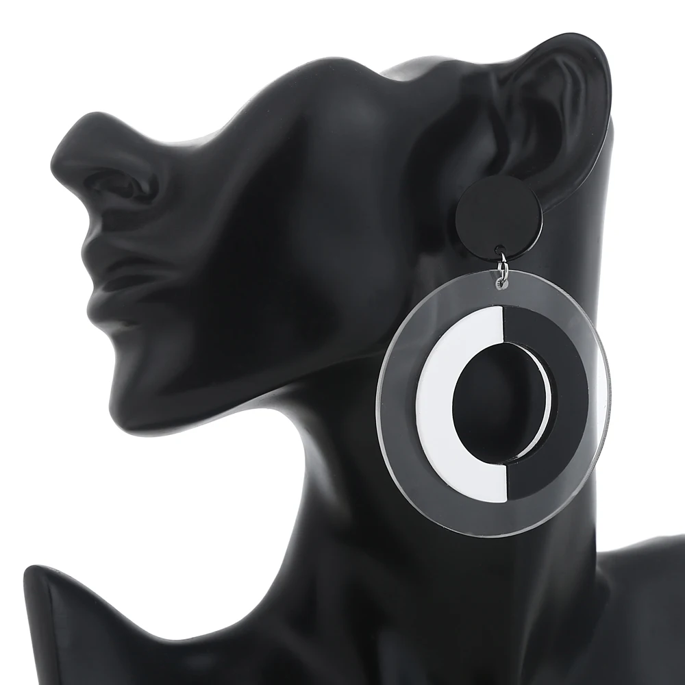 XIYANIKE New Fashion OL Exaggerate Hollow Big Circle Black White Acrylic Dangle Earrings For Women Hip-Hop Personality Earrings