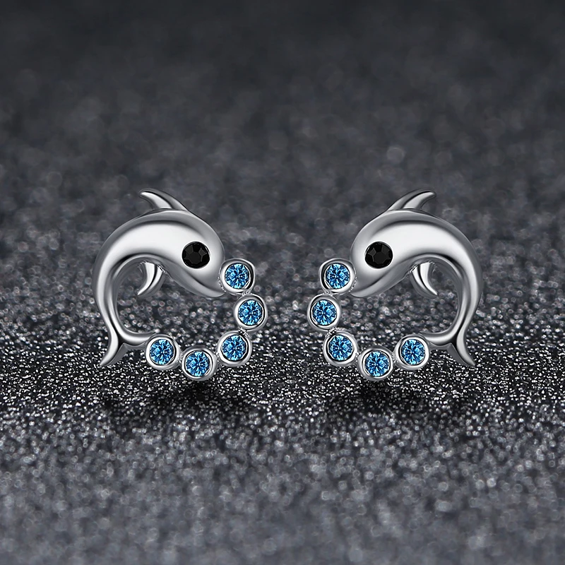HoHangFuk Unique 925 Sterling Silver Cute Dolphin Animal With Blue Zircon Stud Earrings for Women Jewelry | Украшения и