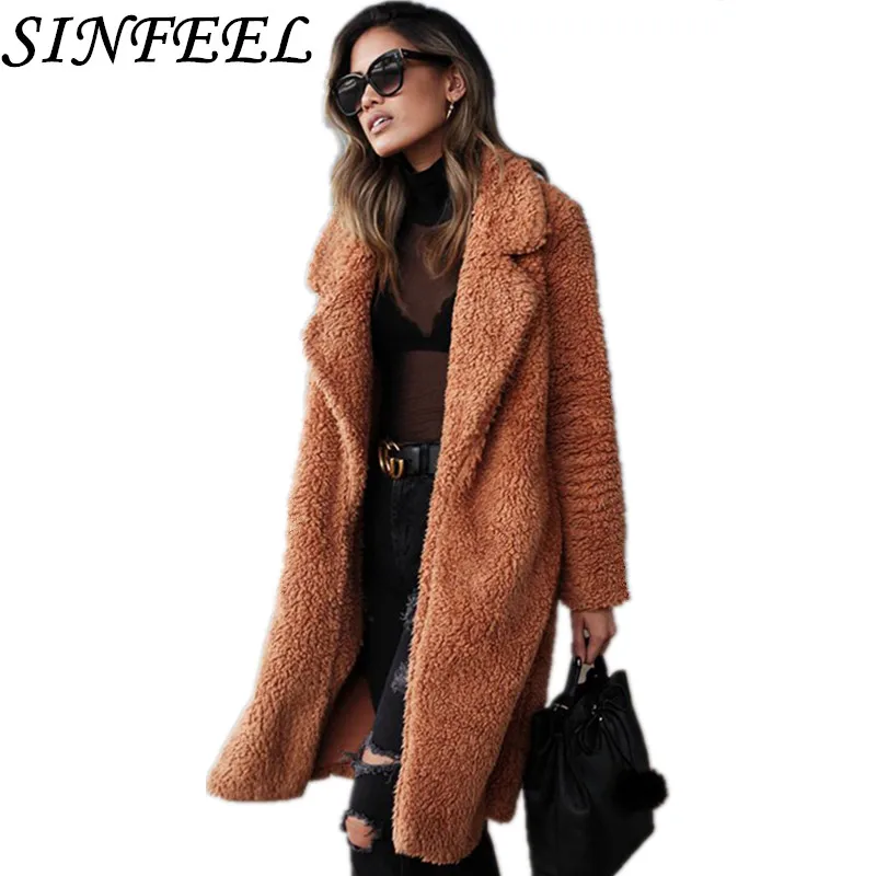 SINFEEL зимняя женская куртка с открытым передом, теплое длинное пальто из искусственного меха, женская зимняя куртка, парка, модная верхняя одежда