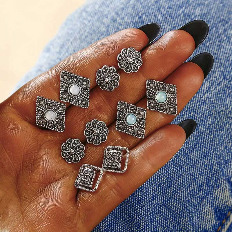 

2018 New 5Pair/Set Stud Earrings Vintage Silver Color Round Flowers Shape Earring for Women Fashion Jewelry Bijoux Brincos e0290