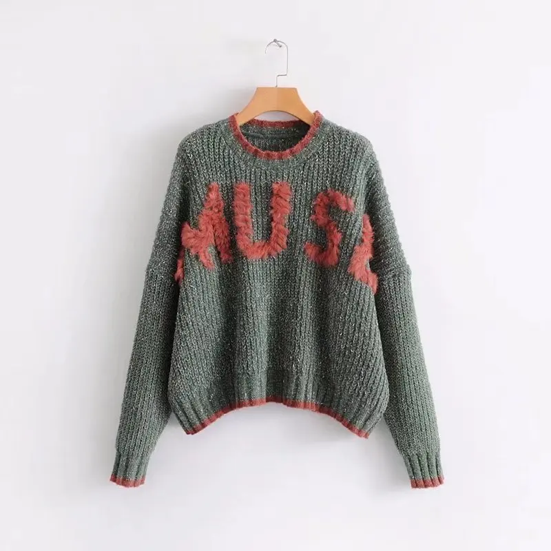 2017 New Winter Woman Sweater Pullover Hit Color Letters Patchwork Thick Knitting Sweaters Female Super Loose Top Wear | Женская одежда