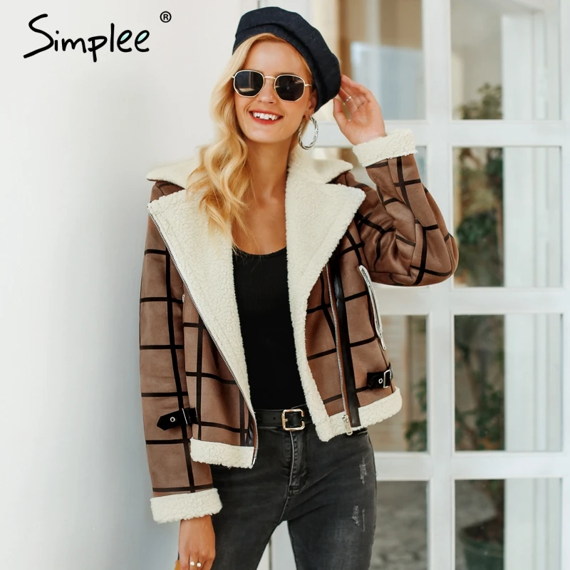 Женская клетчатая куртка Simplee из шерсти шуба искусственного меха с отложным