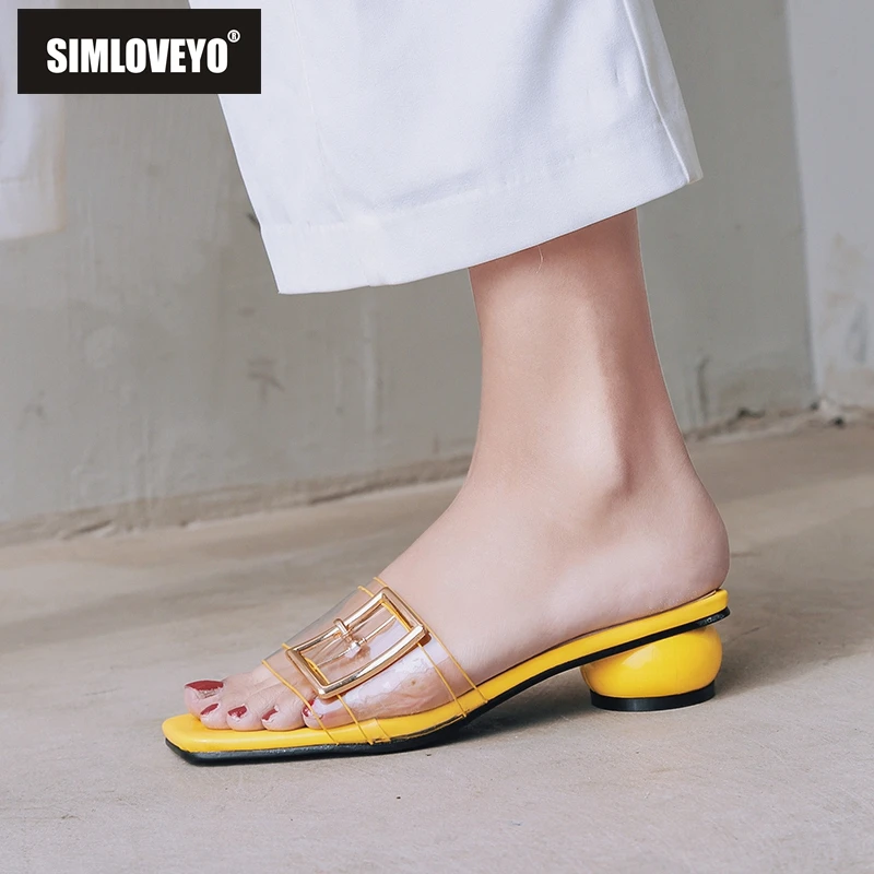 SIMLOVEYO/женские сланцы Летняя обувь с пряжкой, без застежки, из свиной кожи, высокое качество, прозрачный сферический каблук, белый, розовый, желтый, B1195