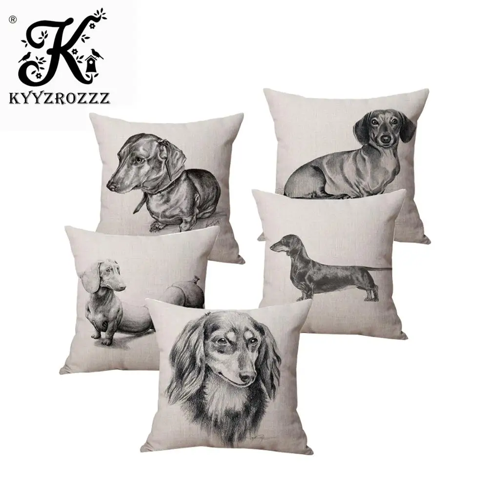 

Sketch Dachshund Dog Pillow Home Decorative Funny Sausage Nordic Cotton Linen Animal Square Sofa Cushion Cover