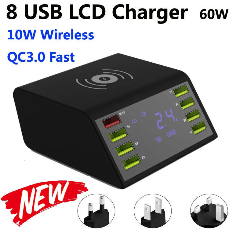 Универсальное беспроводное зарядное устройство USB Qi с 8 портами и ЖК дисплеем для
