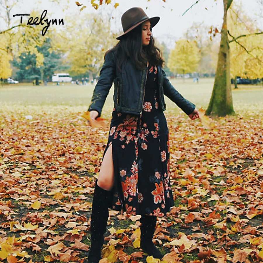 TEELYNN Бохо длинное платье искусственный шелк черный цветочный принт с длинным