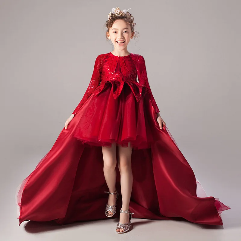wine red 3 Новое Детское свадебное платье с вышивкой и рукавами-семью для вечеринки платье для выступлений на фортепиано для девочек детское праздничное платье с цветами для дня рождения - Цвет: wine red 3