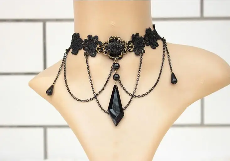 Черный кружевной чокер Ромашка с крупными бусинами|lace choker|daisy chokerblack lace choker |