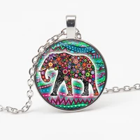 bless lucky elephant pattern glass pendant necklace color elephant picture long chain man woman necklace good luck charm choker