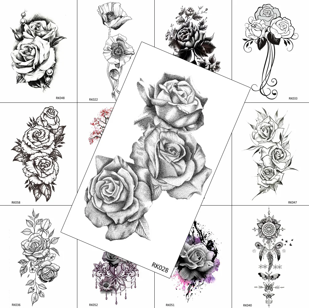 Sketch Sexy Black Rose Temporary Tattoos Sticker For Adult Women Body Art Arm Chest Realistic Tatoos Sheet Waterproof