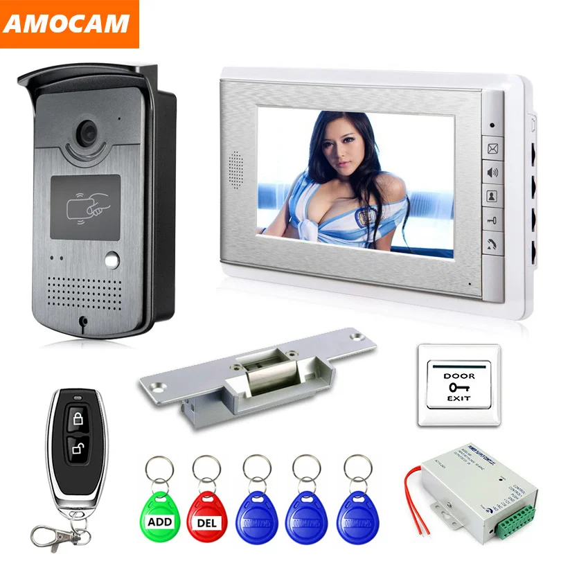 Strike Lock " экран видео домофон система 5-RFID брелок+ электрический замок+ пульт дистанционного управления+ Мощность видео дверной звонок визуальный домофон - Цвет: Strike Lock