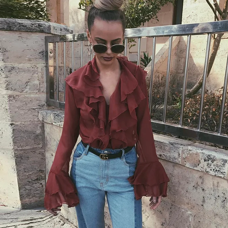 Женская шифоновая сетчатая Блузка с V-образным вырезом и длинным рукавом | одежда