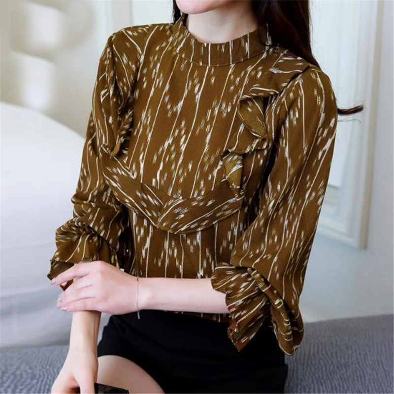 

2018 New Women High Quality Chiffon Shirt Fashion Elegant Spring Autumn Stripe Shirt Long Sleeve Loose Falbala Ladies Tops A0279
