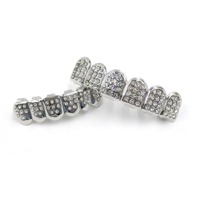 14 к золотые зубы посеребренные с алмазными зубьями Grillz верхнее дно Iced Out CZ хип хоп зуб крышка гриль набор вечерние принадлежности