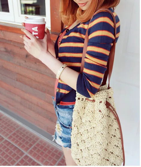 New woven rattan straw bag Bucket string mouth beach summer spring  hollow out bag 1pcs free post