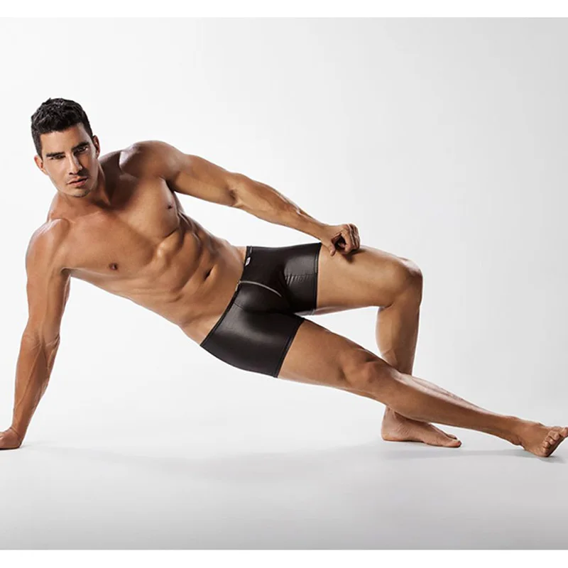 Mens Underwear Boxers Black Vinyl Leather Zip Front Boxer Homme Bokserki Gifts for Men Sissy Underwear Boxershorts Men