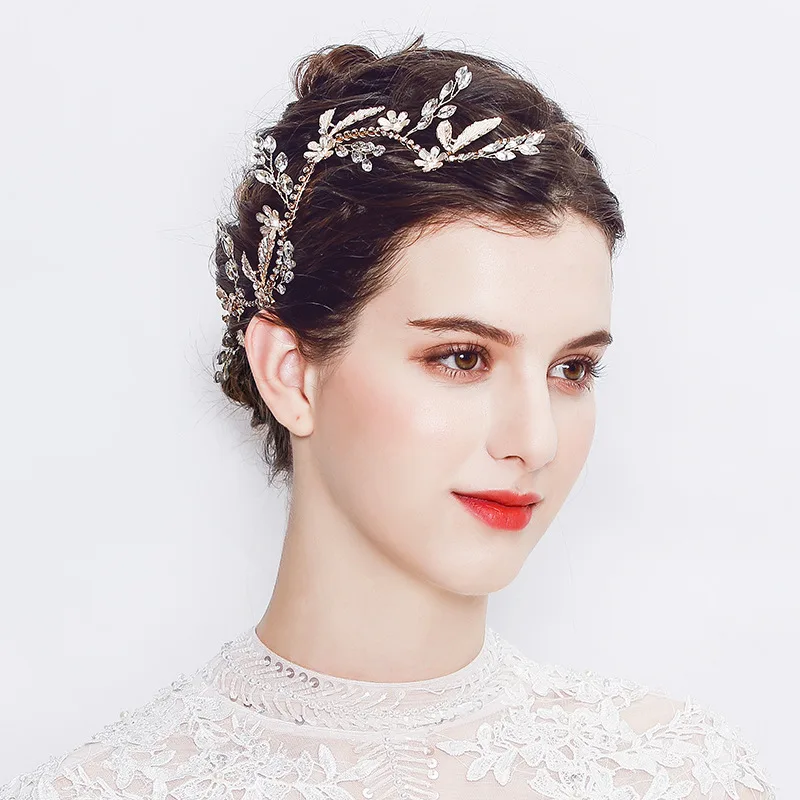 

SSYFashion New Bridal Headband Luxury Handmade Golden Leaf Rhinestone Inlay Headwear for Wedding Hair Accessories for Women