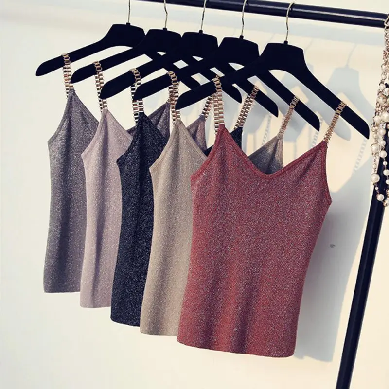 

2019 Female Tank Tops Sexy Club Women Spaghetti Girl Camisole Metal Strap Sexy V-neck Sweater Thin Bright Mesh Glitter Bling Top