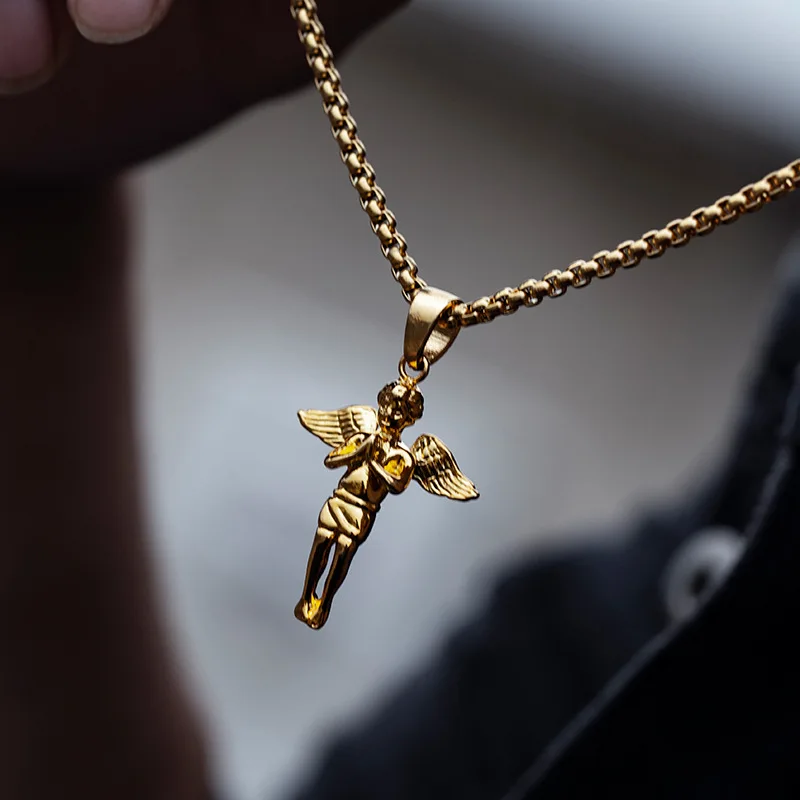 Титановая сталь Hands Pray Angel ожерелье Модная Золотая цепочка трендовая крутая подвеска Мужская хип-хоп металлическая Бижутерия Золотое серебро