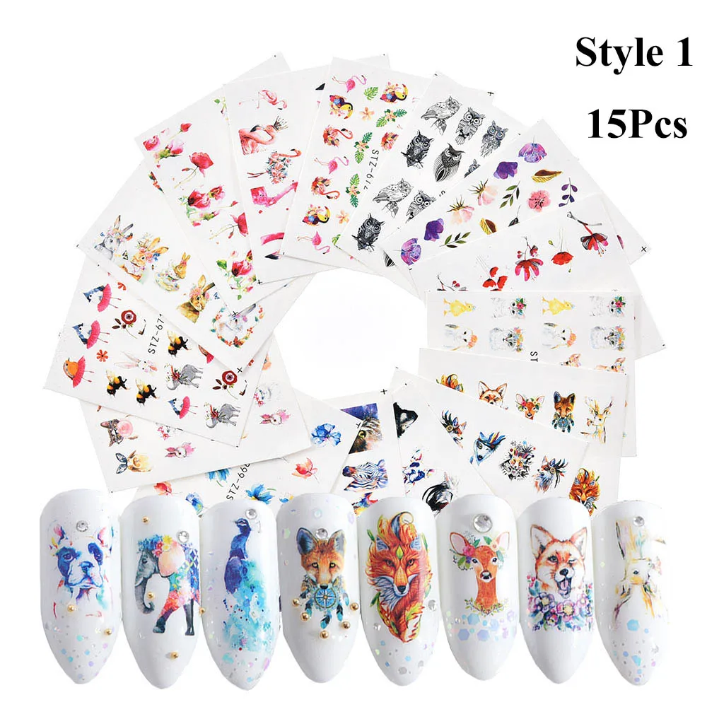 Style 1 15Pcs Fulljion 15/20/24 шт. водяные наклейки для ногтей искусство Стикеры s с изображением цветка оленя акварелью цветочные дизайн ногтей передачи слайдер Стикеры украшения - Цвет: Style 1 15Pcs