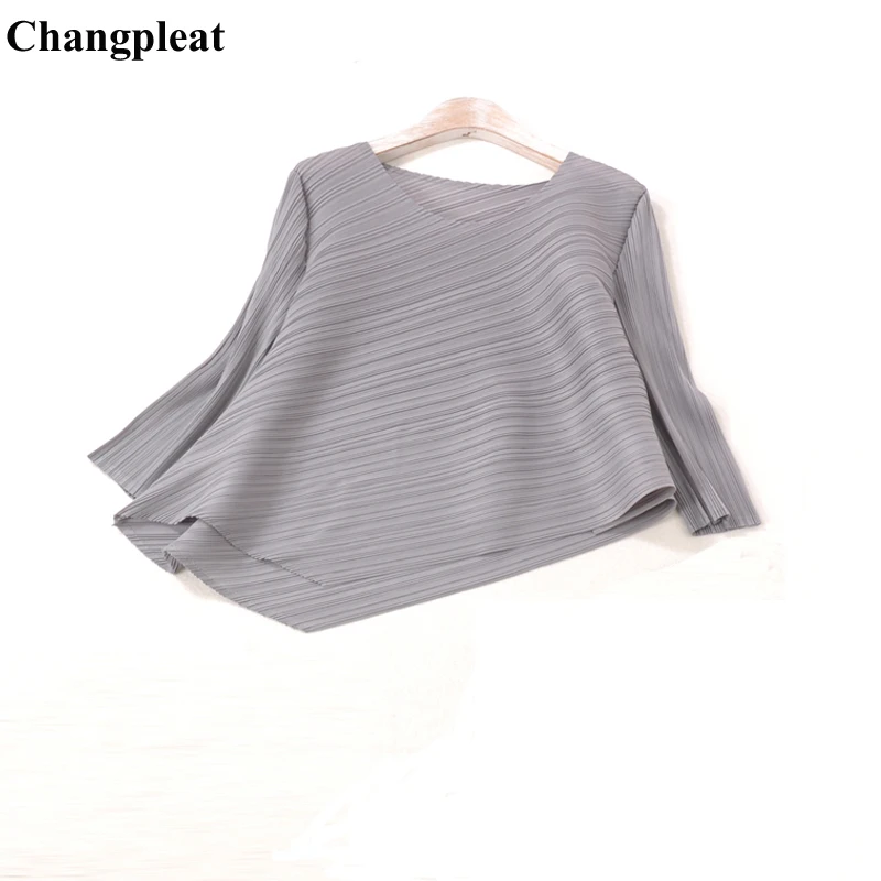 Женская футболка Changpleat Однотонная с о-вырезом и рукавом 3/4 плиссированная 2019 |