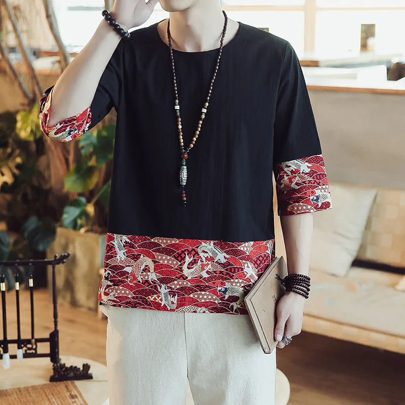 

MRDONOO 2018 Chinese Style Koi Shirt Men Three Quarter Sleeve Loose Cotton Linen Shirt Male Fashion Solid Color O-Neck Tees T90