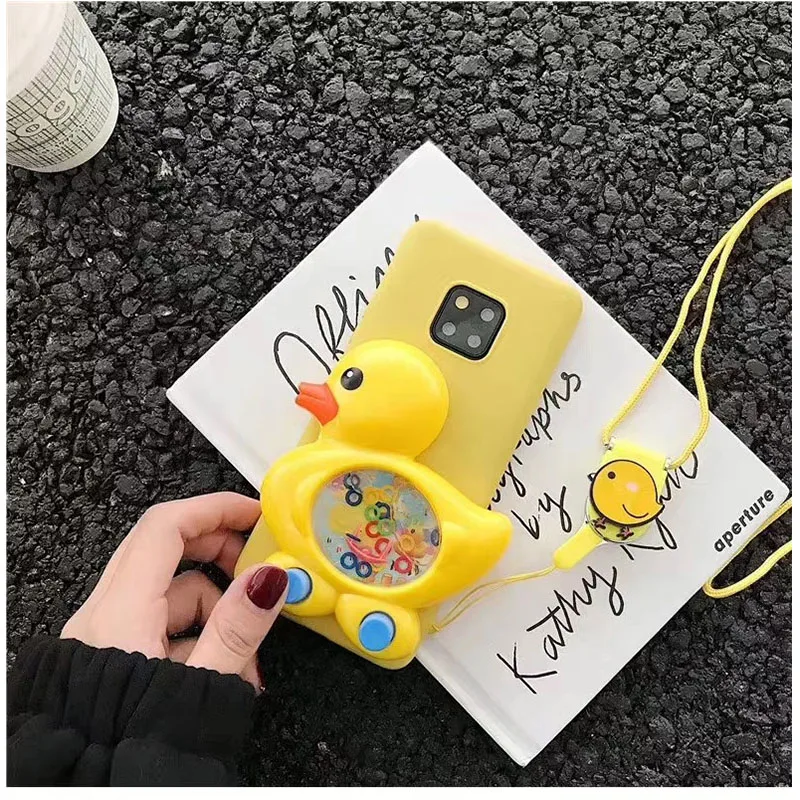 Cute Cartoon Little yellow duck liquid Game machine Phone Case For iPhone XR XS Max lanyard iPone X 6S 7 8 Plus |
