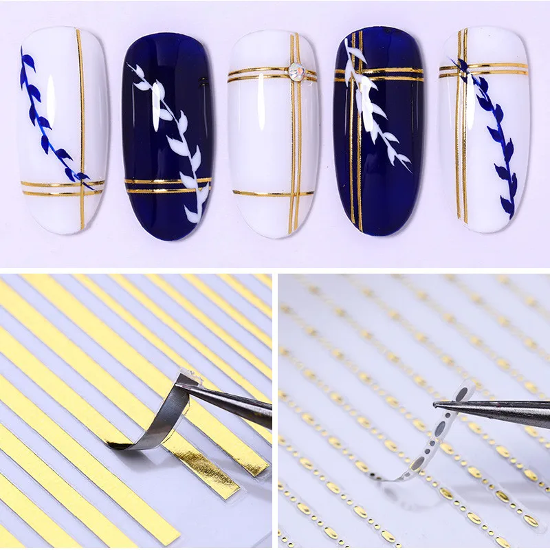 3D стикер для ногтей золотая полоса металлические линии геометрический дизайн