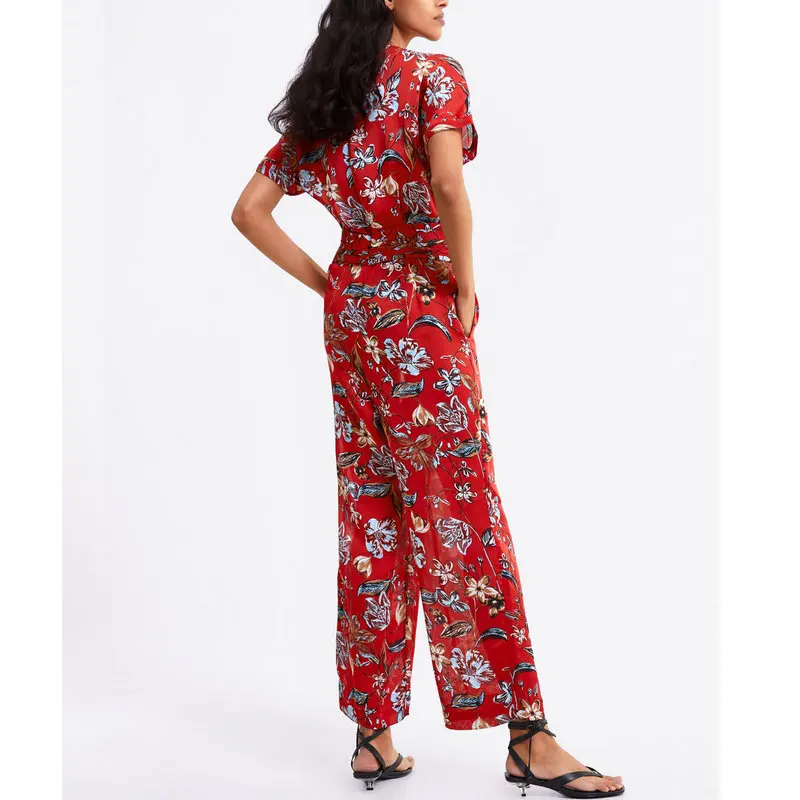 Женские винтажные Цветочные Комбинезоны с v образным вырезом и коротким рукавом