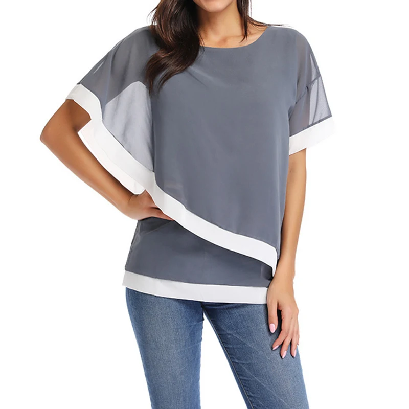 Шифоновая Блузка новинка 2019 повседневные женские топы с коротким рукавом и
