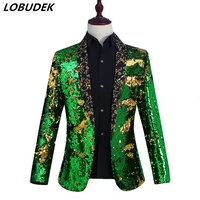 men stage coat gold green sequins jacket prom party slim blazers outerwear nightclub bar host singer stage performance costume