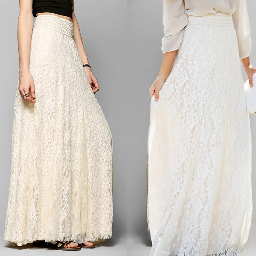 Женская кружевная юбка макси длинная двухслойная плиссированная с поясом на