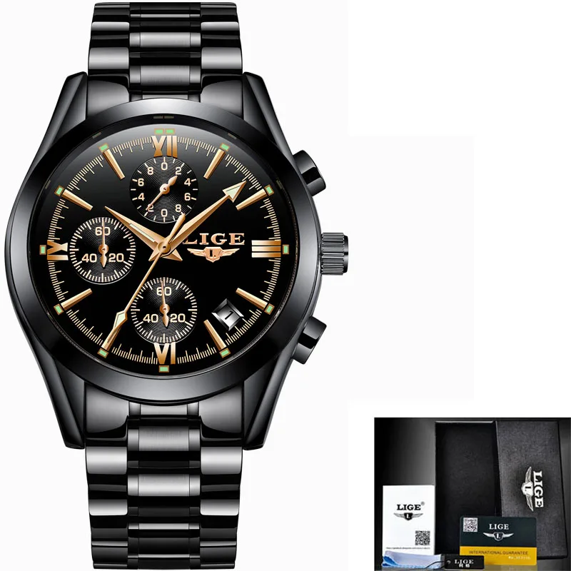 All black steel LIGE для мужчин s часы лучший бренд класса люкс Модные Бизнес Кварцевые часы для мужчин спортивные полностью стальные водонепроницаемые черные часы Relogio Masculino - Цвет: All black steel