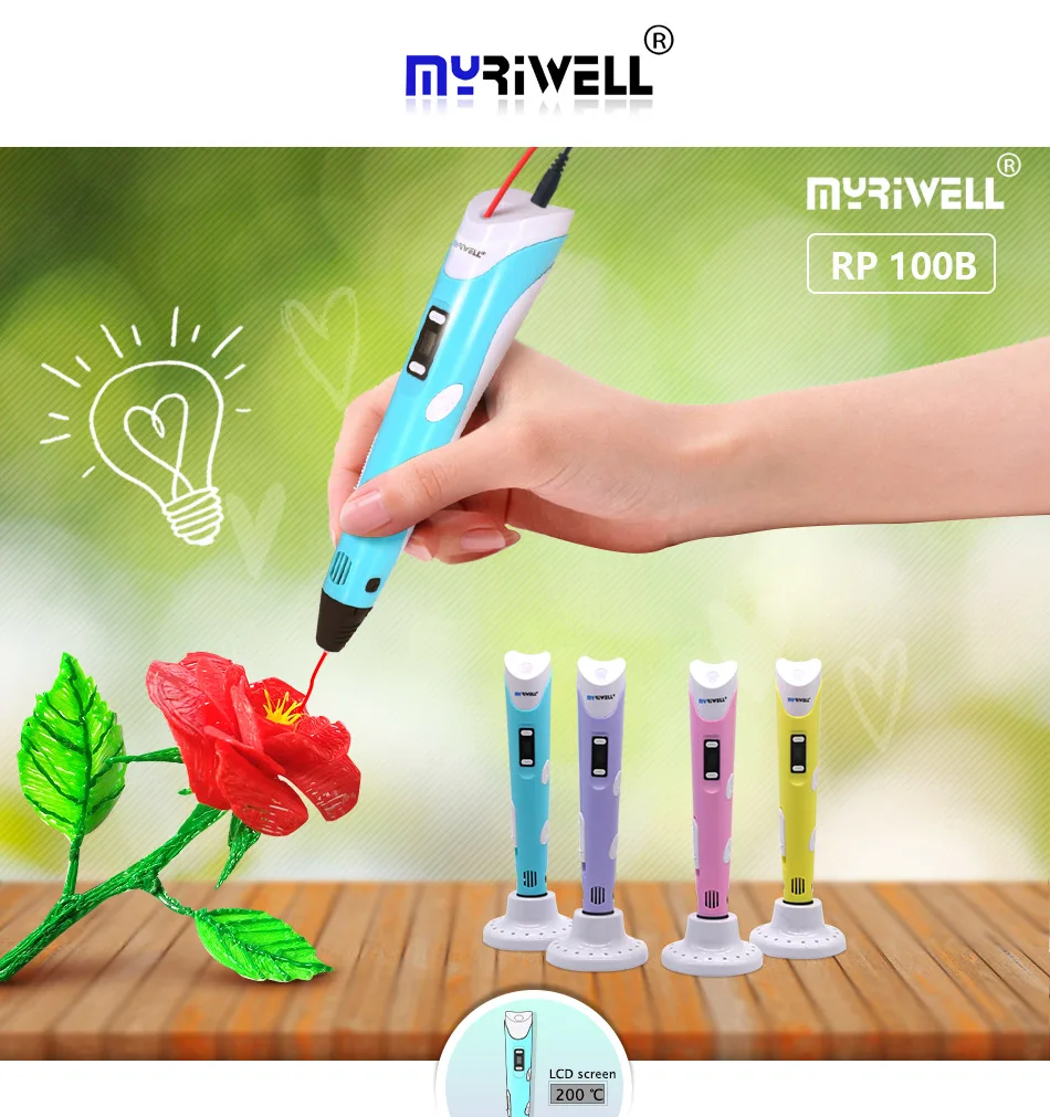 Myriwell 3d Ручка и 200 м(ABS100m+ PLA100M) 1,75 мм нить 3d Ручка для печати+ копировальная доска шаблон+ 3d Ручка подставка+ Пальчиковый рукав