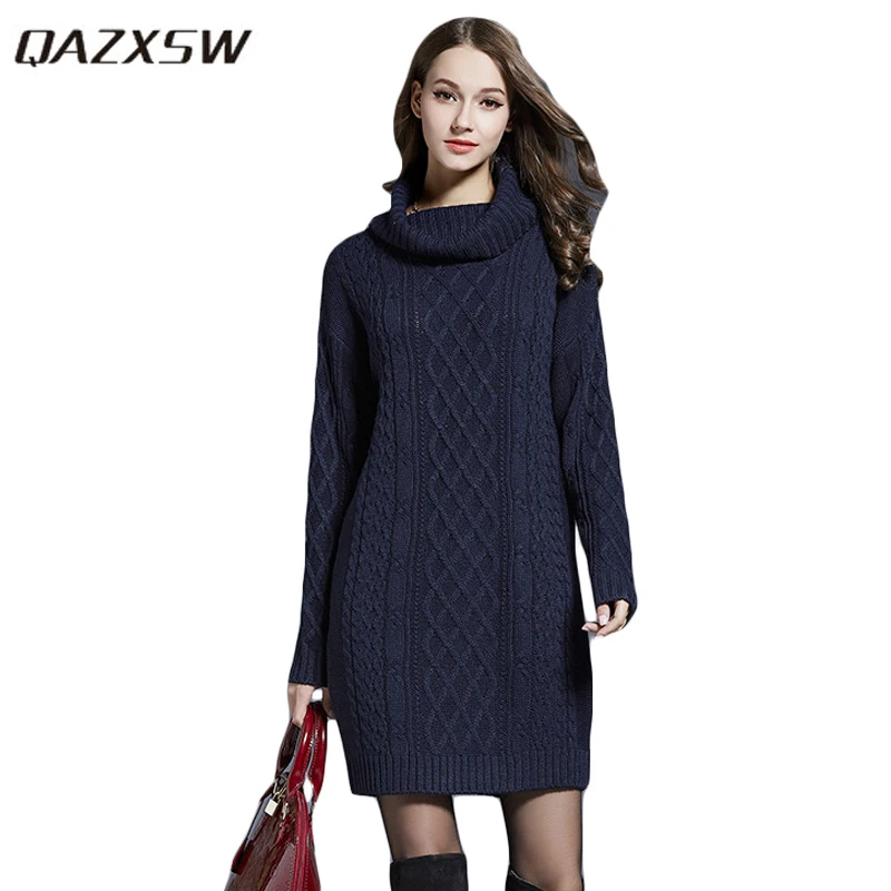 Qazxsw Новый Для Женщин Осенние трикотажные Платья свитеры отложным воротником