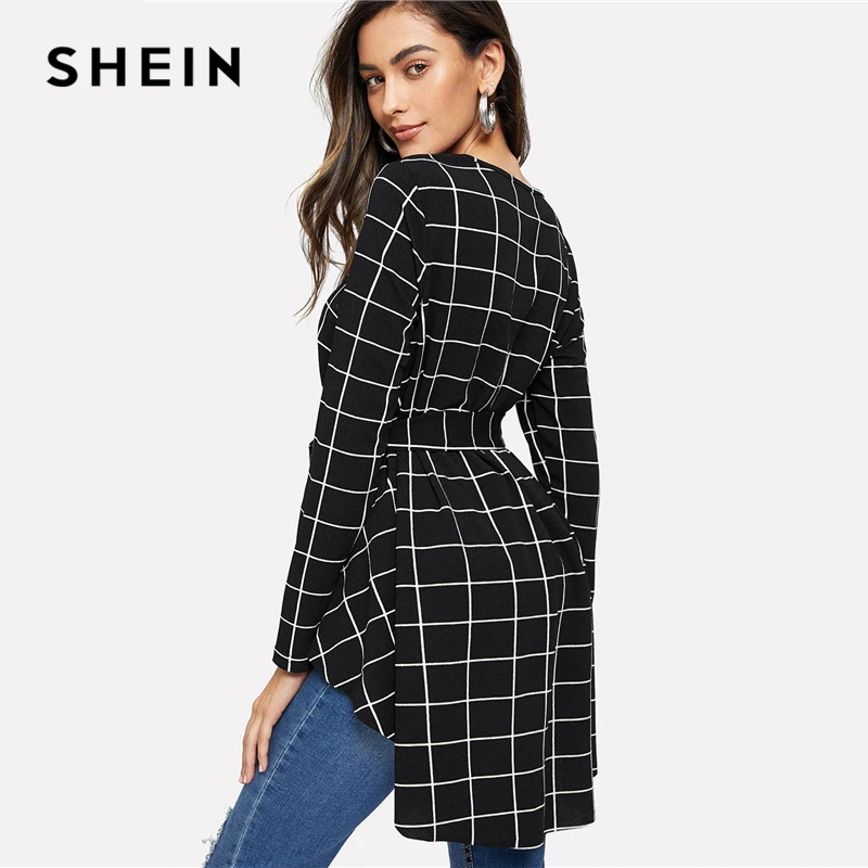 SHEIN Асимметричный Топ В Клетку С Поясом Женская Демисезонная Элегантная Блузка С Длинными Рукавами И Круглым Вырезом