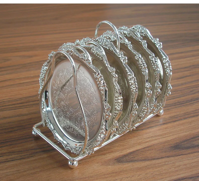 silver set 6 шт./компл. металлические круглые чашки чая и кофе чашки coaster коврик кондитерский десертная тарелка с проволочный Стеллаж Держатель с гравировкой посуды с тисненым рисунком - Цвет: silver set