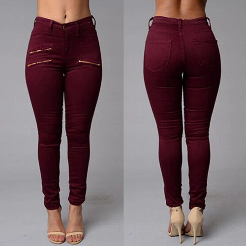 Женская Мода Высокая Талия Узкие Джинсы Стрейч Молния Декор Длинные Брюки