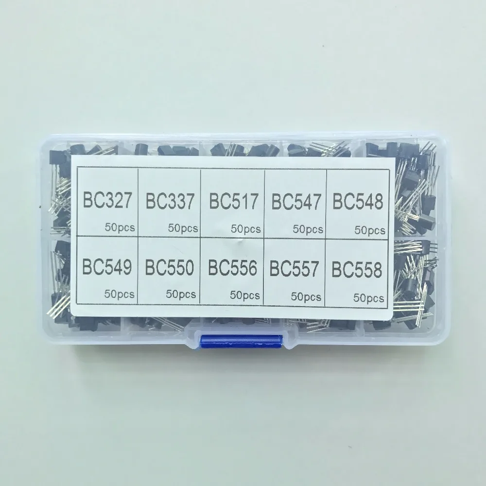 

10 values 500pcs BC327 BC558 BC337 BC549 BC550 BC517 BC556 BC547 BC557 BC548 NPN Transistor Assortment Kit Box Pack Set