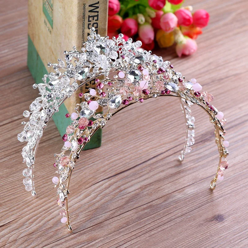

New white pink beads bridal crowns handmade tiara bride headband crystal rhinestone diadem queen crown wedding hair accessories